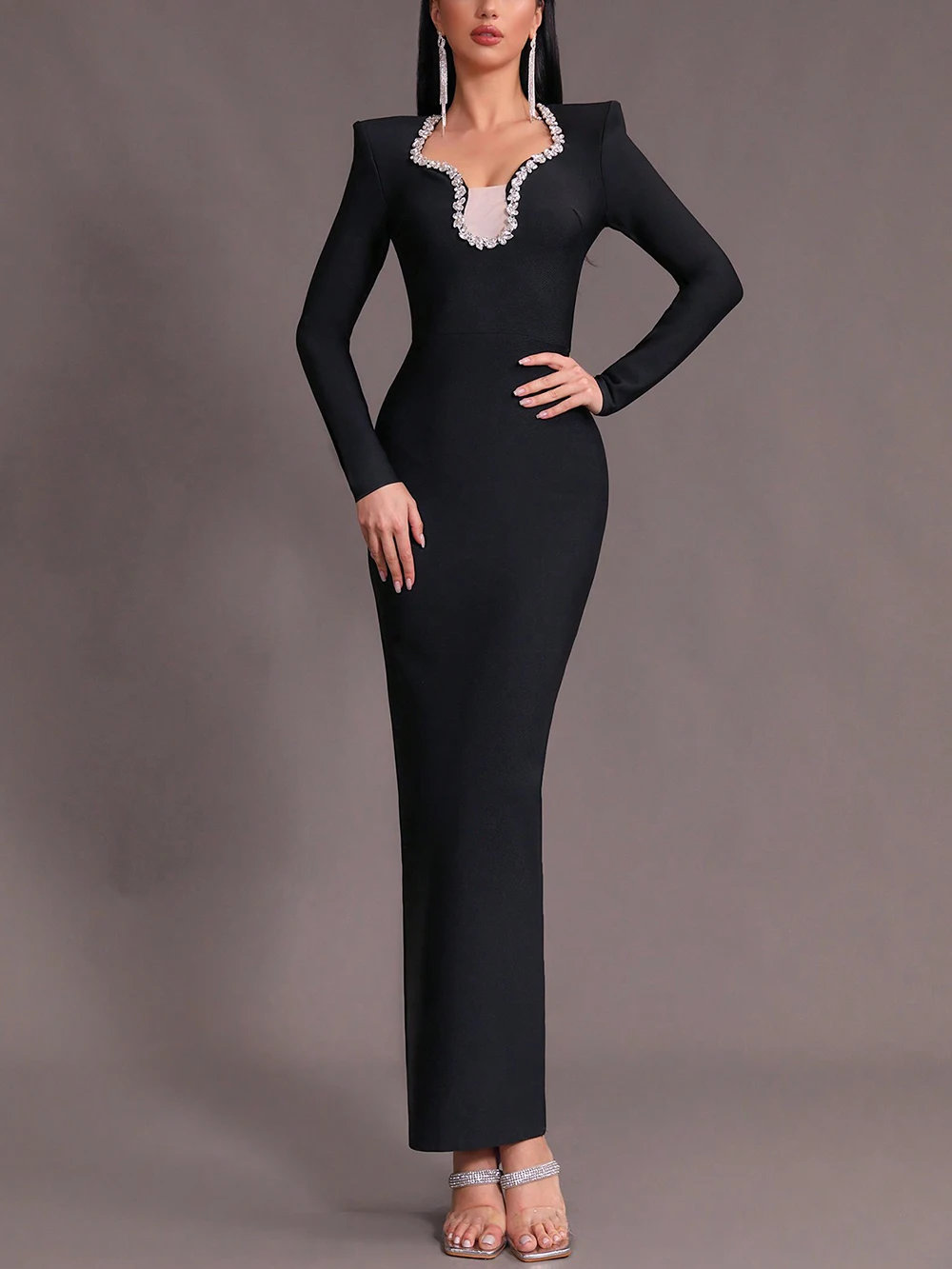 2024 Summer New Women\'s Black Sexy Long sleeved V-neck Diamond Mesh Spliced Bandage Long Dress Bodycon Celebrity Evening Dress