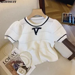 Summer Elegant Knit Sweater T-shirt Women 2024 New Fashion Stylish Chic Ladies Tees Tops Short Sleeve O-neck Korean Knitwear