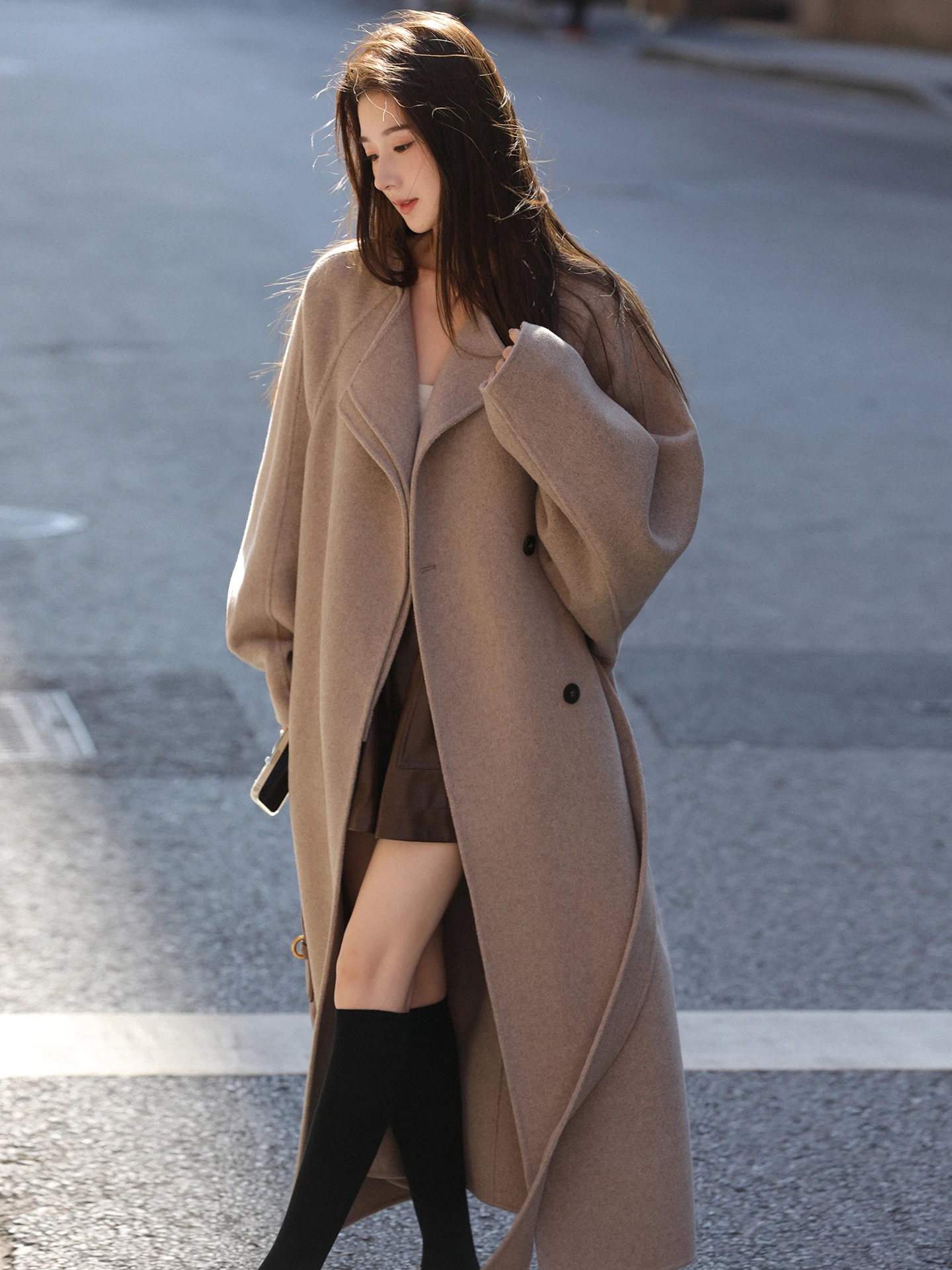 

Двухслойное шерстяное пальто Ele для женщин, длинное, двубортное, со съемным поясом, верхняя одежда, летняя коллекция Poem Camere Blend