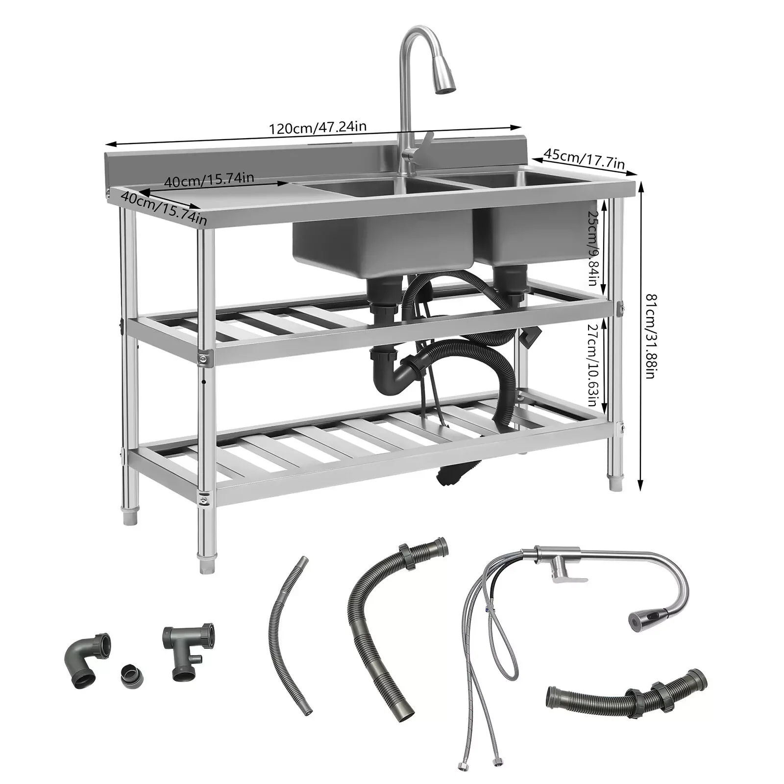 Commercial Utility Prep Sink 2Compartment Stainless Steel KitchenPrep Work Table