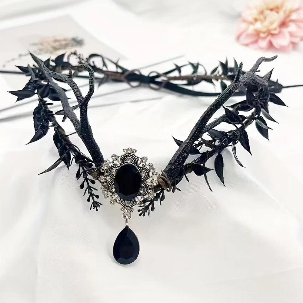 Halloween Forest Flower Crown Elf Headband Gothic Headwear Black Wreath Crystal Pendant Party Alloy Forehead Accessories Unisex image 4