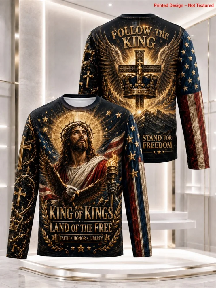 Men's King of Kings Land of the Free Jesus Cross Eagle American Flag Long Sleeve T-Shirt Christian Faith Graphic Tops Gift New