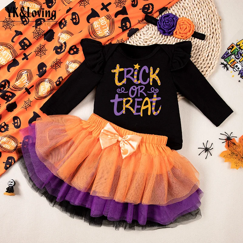 Autumn and Winter Girls' New Halloween Baby Party Dress Up Cartoon Letter Long Sleeve Climbing Clothes Mesh Half Skirt Set