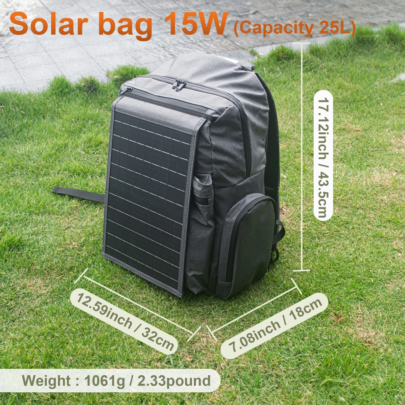 15W Solar Panel Backpack 25L, Unisex, Display Charger, travel, USB A+C, Cooler Bag, Umbrella Pouch, Fit15-17in Laptop