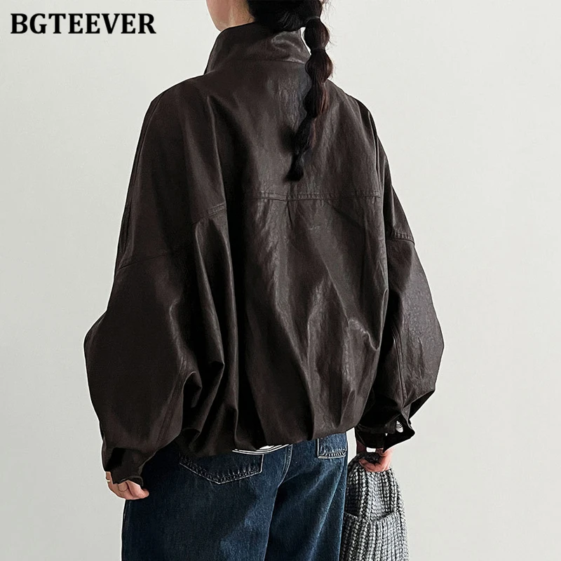 BGTEEVER Vintage Stand Collar Pockets Women PU Leather Coats Stylish Long Sleeve Loose Ladies Jackets
