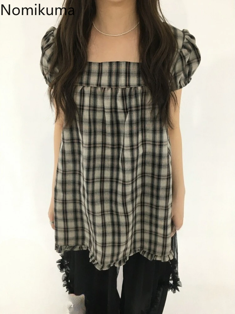 

Blouses for Women Korean Simple Shirts 2025 Blusas Mujer De Moda Loose Fashion Summer Blouse Square Collar Vintage Plaid Tops