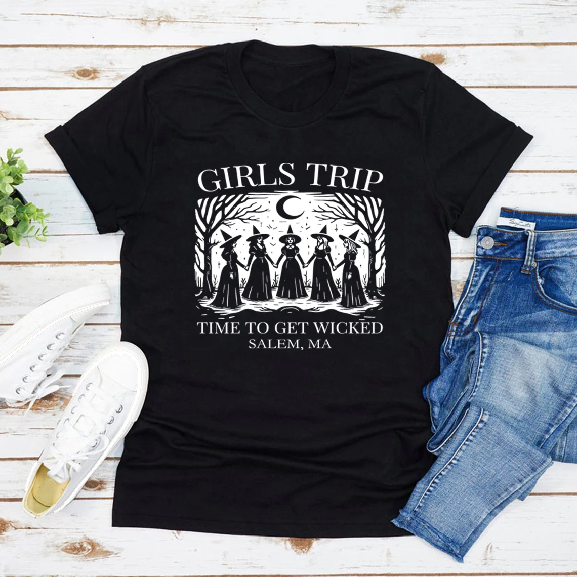 Halloween Girl's Trip Salem Time To Get Wicked T-Shirt Halloween Witch Tee Retro Short Sleeve Women T-shirt Salem Witch Shirt