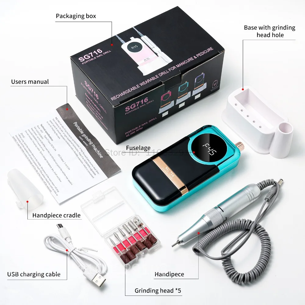 45000 دورة في الدقيقة آلة حفر الأظافر مع منخفضة الضوضاء المحمولة آلة حفر الأظافر قابلة للشحن ملف ساندر الأظافر لأداة صالون مانيكير