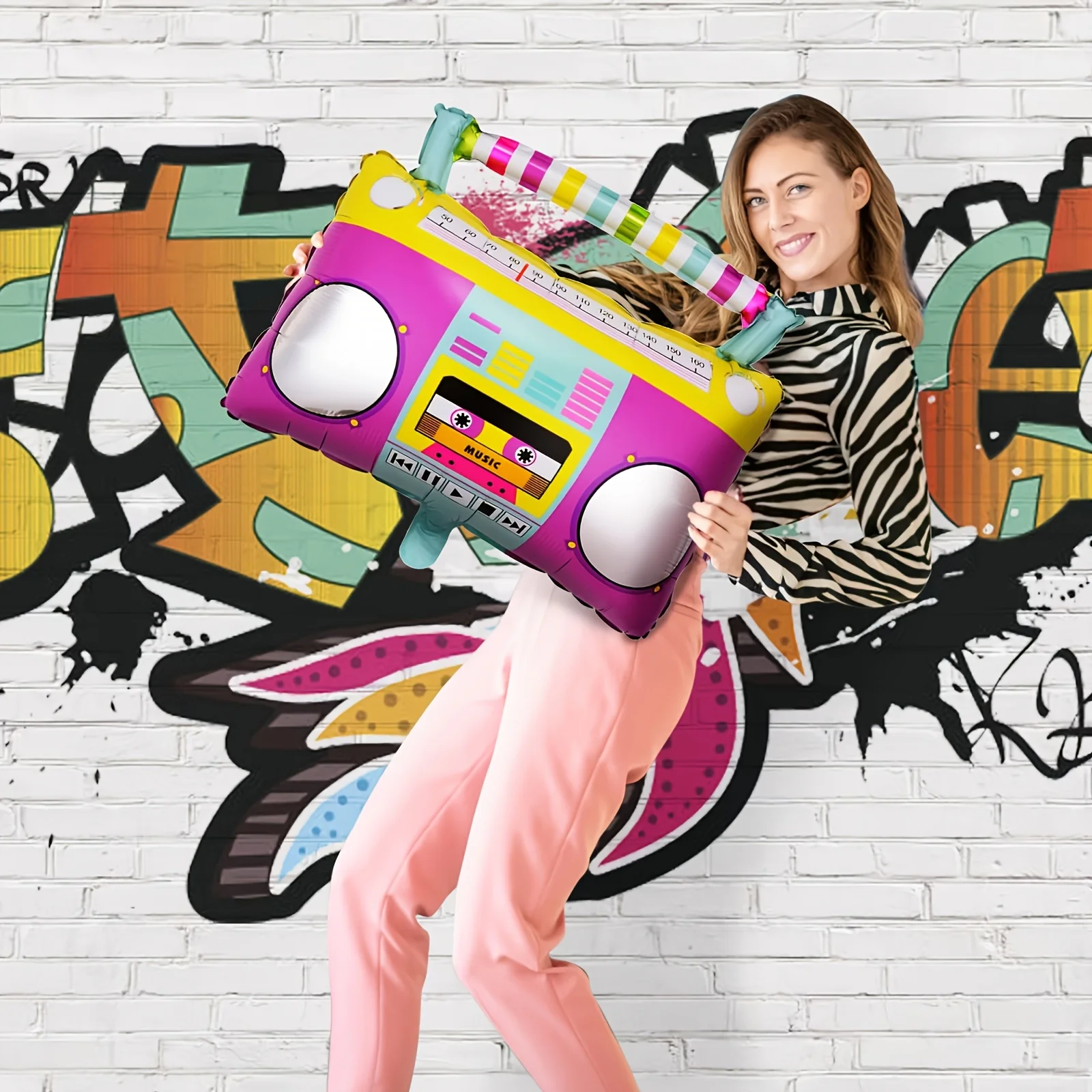 ‌ 2/5 Stück Regenbogen-Radio-Ballons Boom-Box-Ballon, 22 Zoll Runde Farbige Folienballons, 4D Laser Disco Folienballons, 80er 90er Jahre Dekorationen