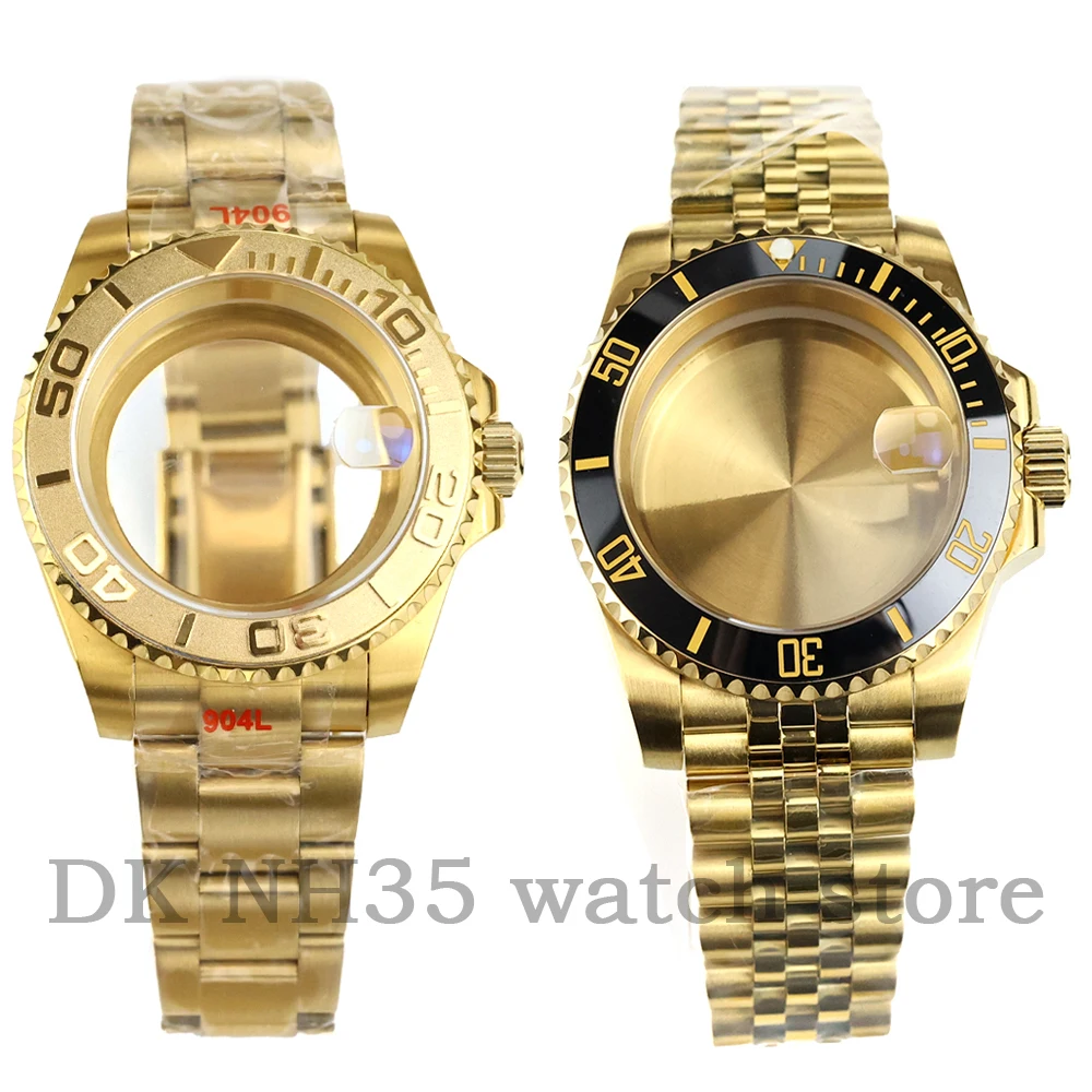 Gold PVD 40mm Watch Case Solid Stainless Steel Jubilee/Oyster Bracelet For SUB GMT NH34 NH35 NH36 Movement Yacht-Master Case