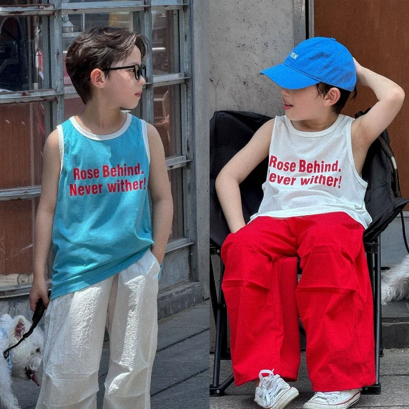 

2025 Summer New Small and Medium Sized Children's All Cotton Red Letter Printed Solid Color Sleeveless Tank Top