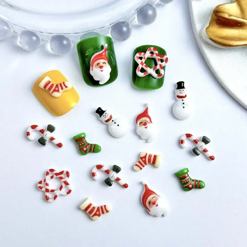 20PCS Cartoon Santa Claus Nail Charms Cute Snowman Painted Christmas Socks Nail Art Decorations for DIY Christmas Style Nails