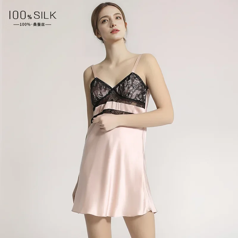 100% Mulberry Silk Sexy Sheer Lace Nightgown Mini Dress Ladies Blue Sling Nightgowns Cross Back Chemise Nightdress Loungewear PJ