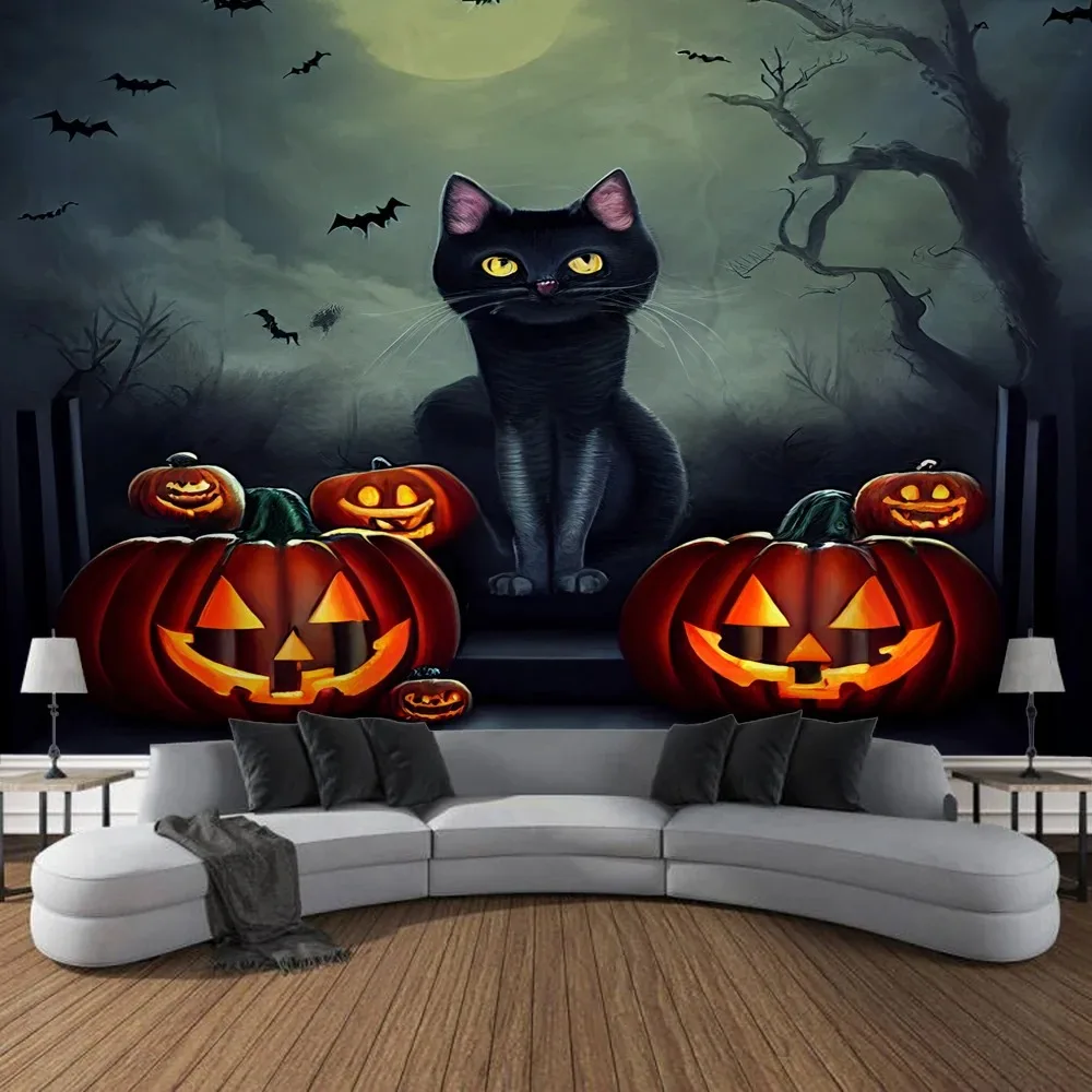 

Halloween Party Home Decor Tapestry Tapestry Wall Cat Pumpkin Lantern Witch Background Cloth Living Room Room Decoration