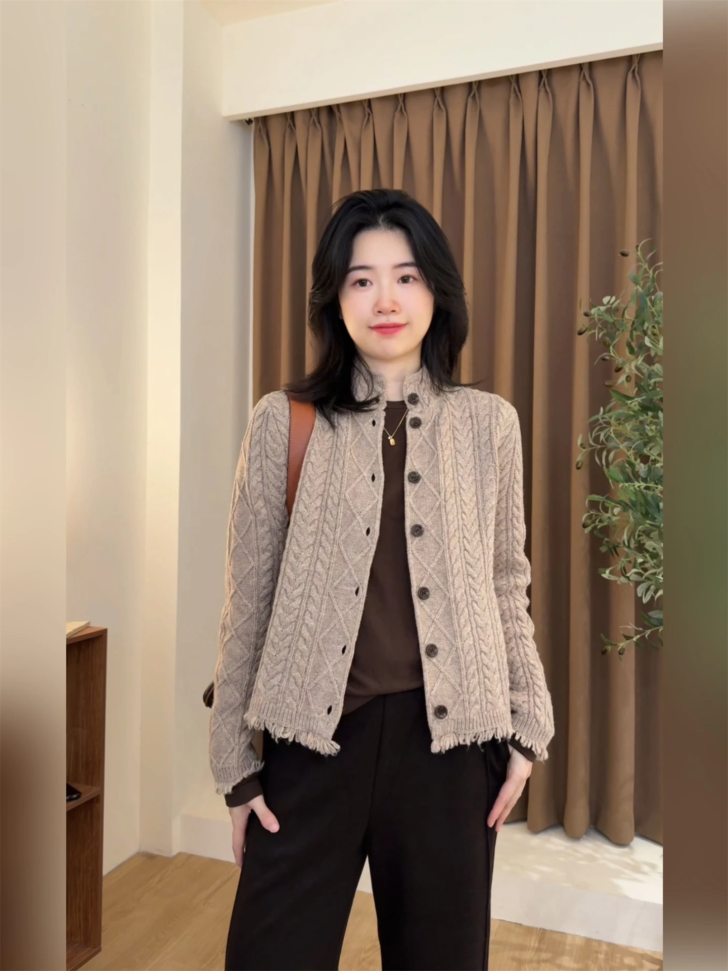 

Женский кардиган из шерстяной смеси с узором «косы», с высоким воротником, длинными рукавами, повседневный, эксклюзивно для электронной коммерции