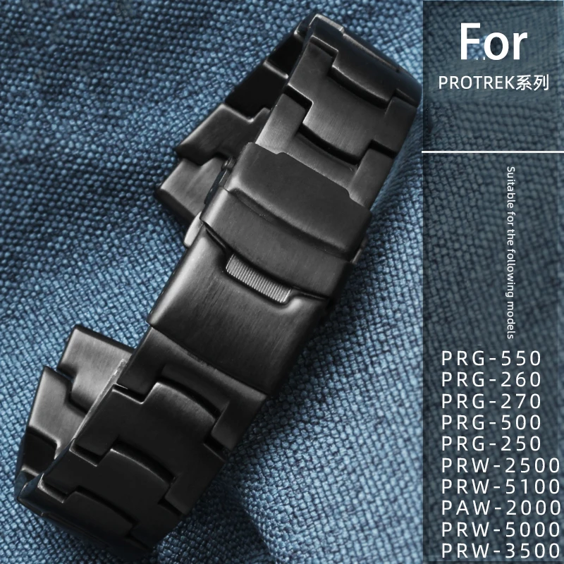 Solid Stainless steel Watchband metal silver black strap wristband For Casio PROTREK PRG-260 PRG-270 PRG-550 PRW-3500/2500/5100