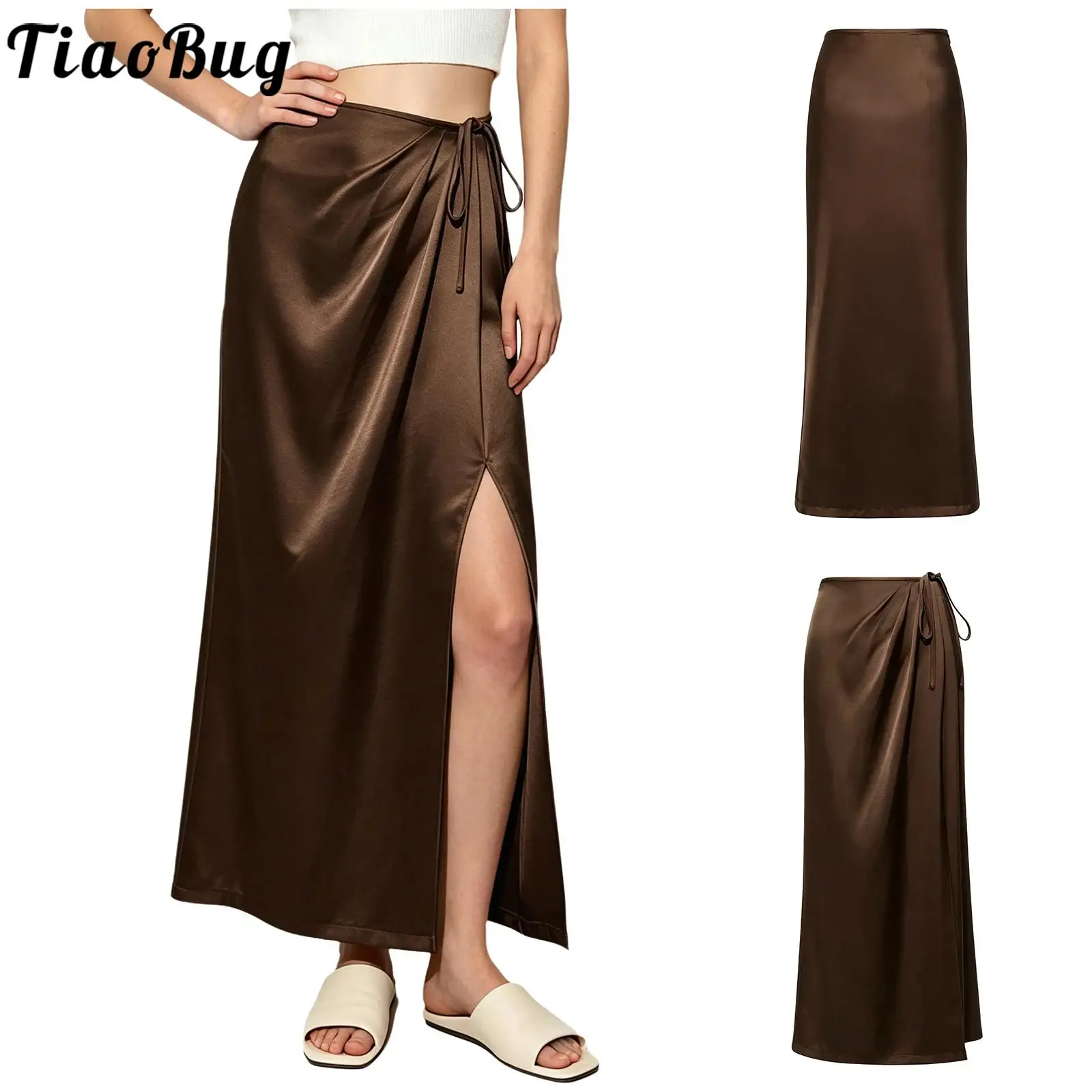 Women Side Slit Satiny Maxi Skirt Lace-up Waist Ankle Length Skirt for Birthday Party Wedding Work Office Casual Daily Life