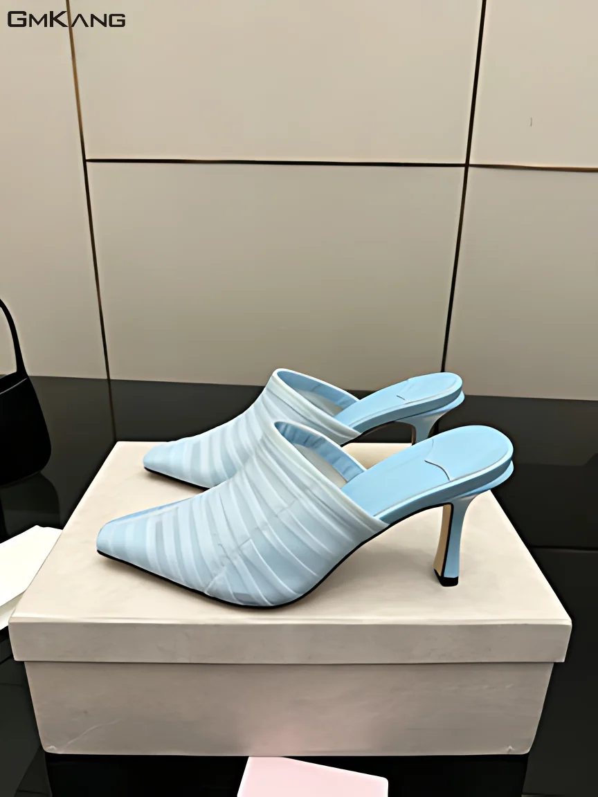 Women Mesh Pointed Toe Mules High Heels Pleated Sheer Backless Pumps Slip On Party Shoes