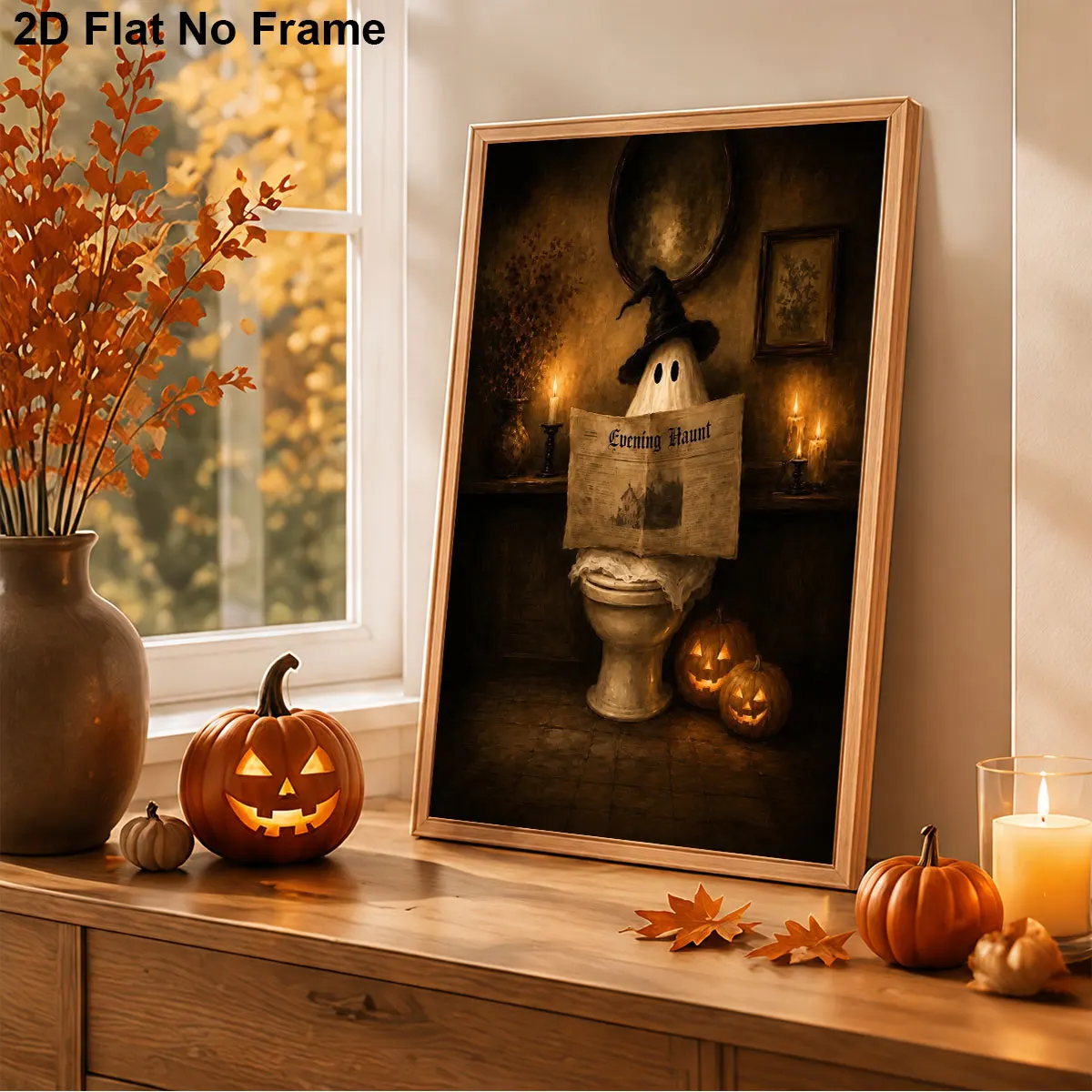 Halloween Poster Print A Ghost Reading A Newspaper In A Vintage Room With Pumpkins Suitable for Home Room Decoration.