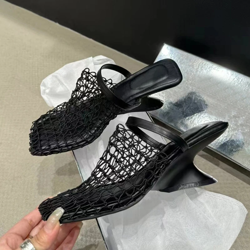

2025 New Arrivals Strange Style Square Toe Women Slippers Air Mesh Height Increasing Fashion Solid Summer Outwear Women Shoes