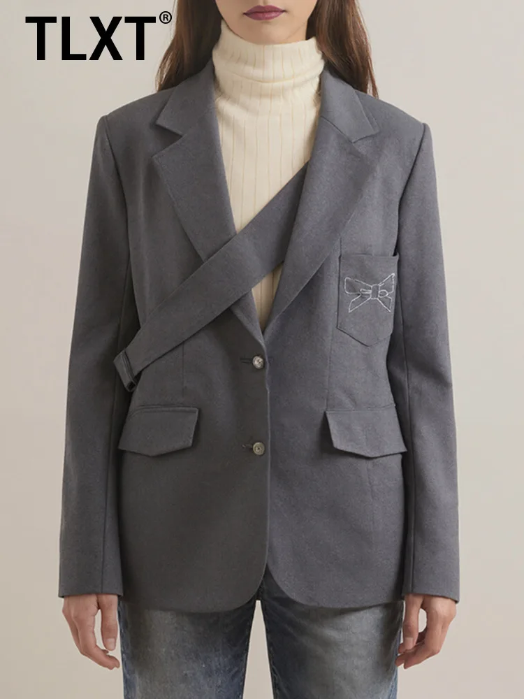

TLXT Fashion Gray Back Bow Patchwork Blazer Women's Lapel Loose Single Breasted Deconstruction Strap Suit Jacket Autumn New