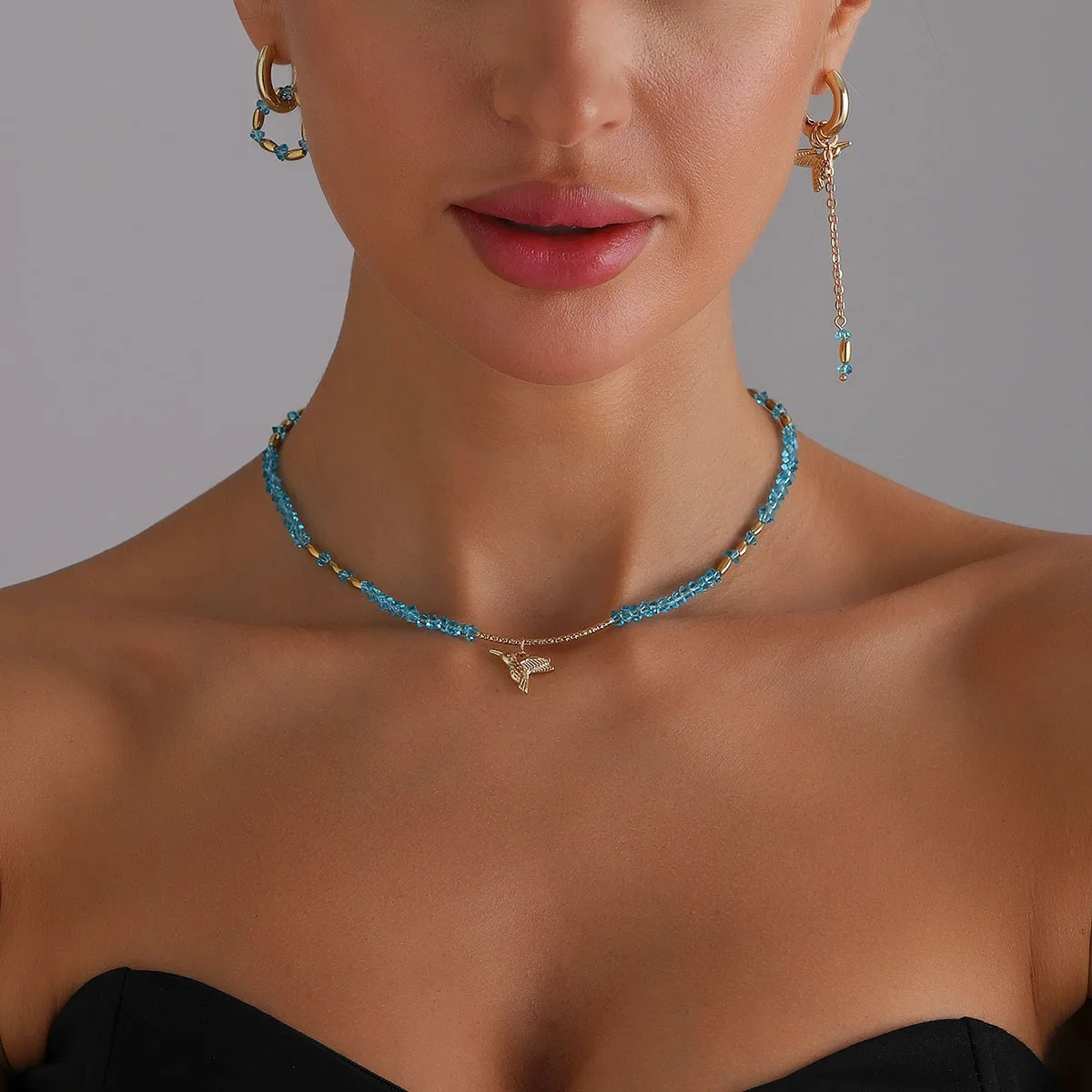 New Y2K Blue Crystal Beaded Clavicle Chains Cute Bird Charm Pendant Choker Necklace Sweet Cool Aesthetic Neck Jewelry for Women