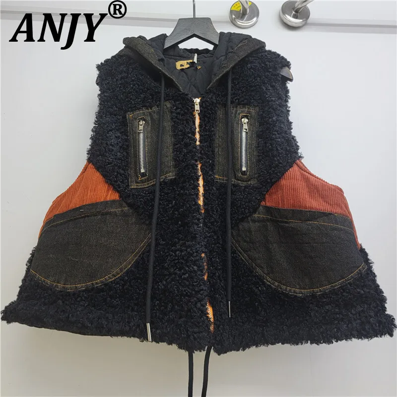 ANJY Autumn Winter New Women Fashion Fleece-Lined Hooded Denim Patchwork Color-Block Vest Trend Chic Ins Personality Coat A16373