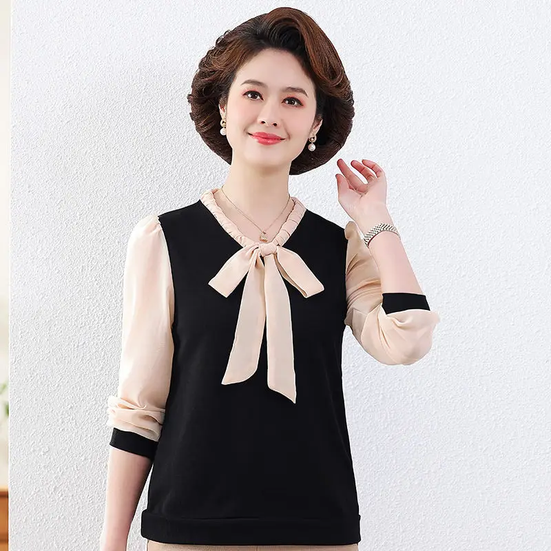 

Knitted New Western-style Top Mom Loose Base Fashionable Temperament Bow Tie Small Shirt Thin Design