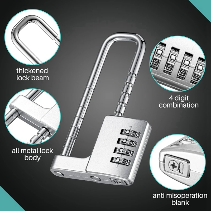 3CGRO-2 Pcs 4 Digit Combination Lock Code Cabinet Lock U Shaped Gym Locker Adjustable Padlock Long Shackle Lock For School
