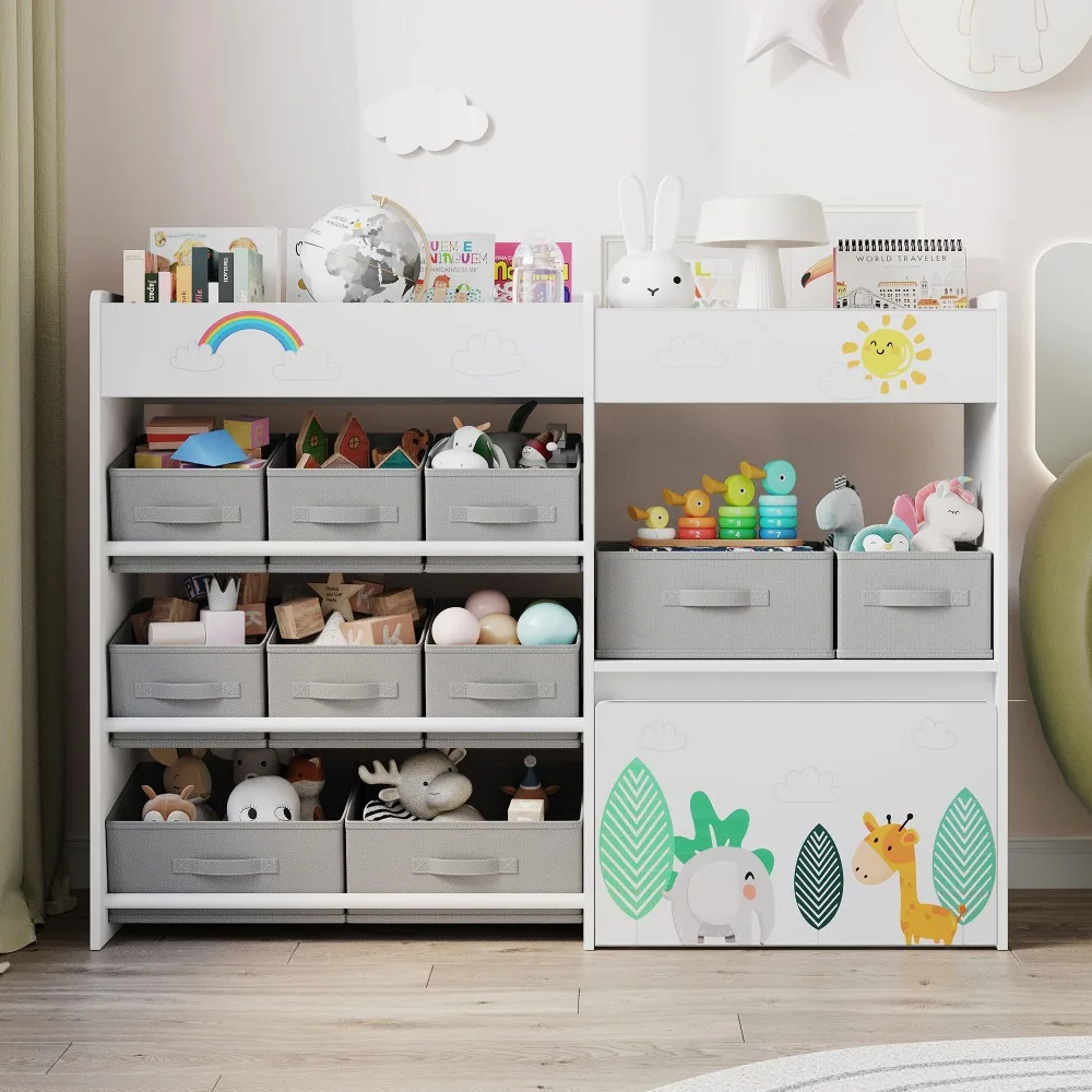 Toy Storage Cabinet, Kids Bookshelf with 10 Fabric Bins and Movable Toy Chest, Toy Storage Organizer for Playroom