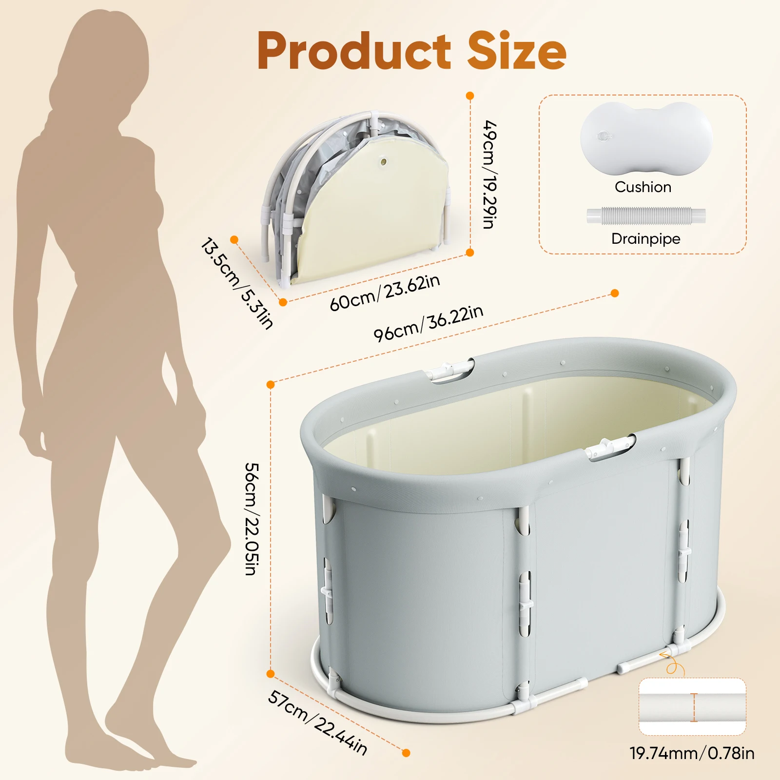 حوض استحمام محمول قابل للطي مع وسادة مقعد حوض استحمام تمرغ للاستحمام الساخن حمام الجليد حوض استحمام ساونا للأطفال البالغين، 60x49x13.5 سم