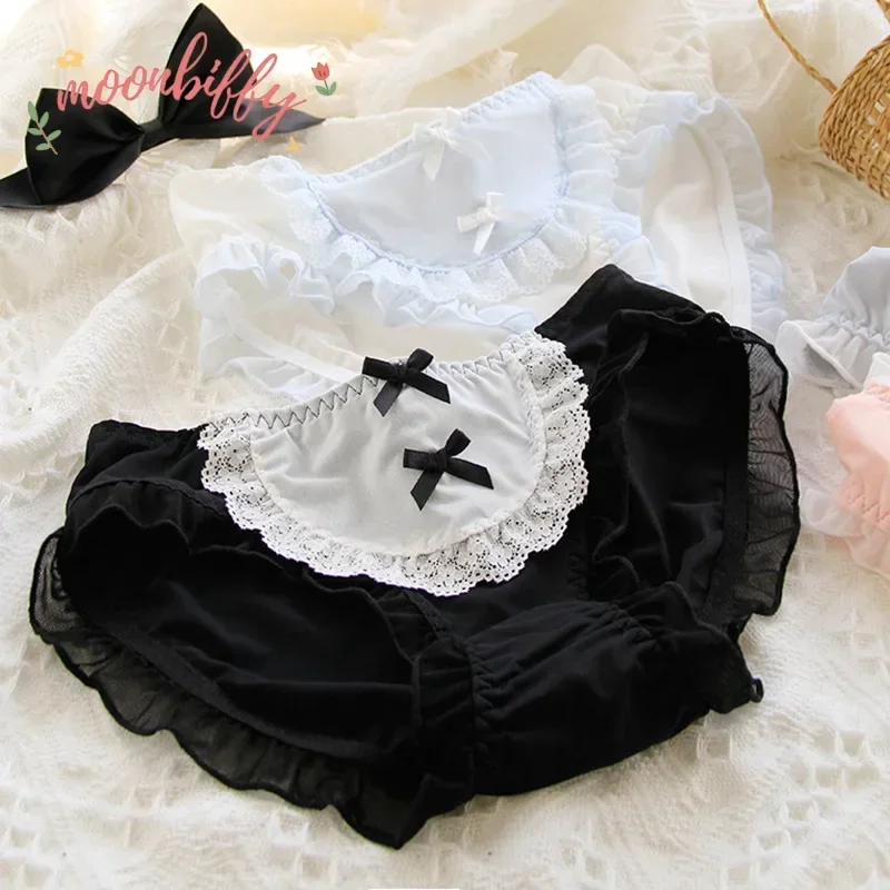 Lolita Lace Underwear Ice Silk Mid Waist Brief Underwear Japanese Cute Sweet Female Underpants Cotton Crotch Intimates Lingerie