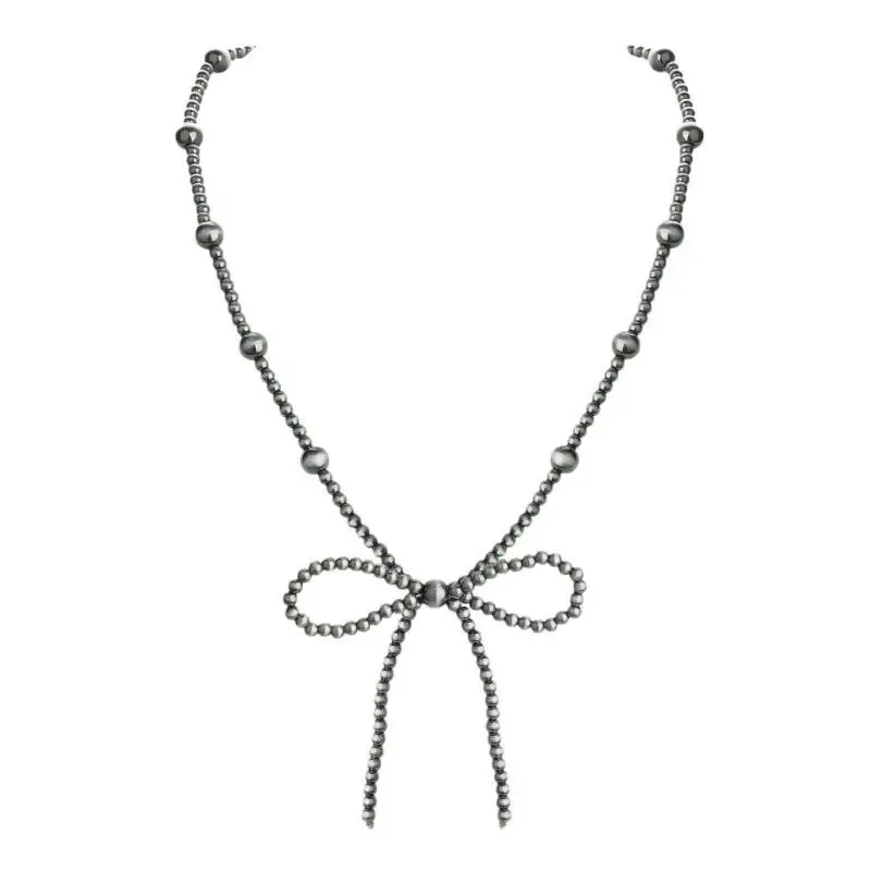 31BB Turquoise Beaded Necklace Bowknot Pendant Clavicle Chain Adjustable Length Neckchain Accessory for Woman and Girl