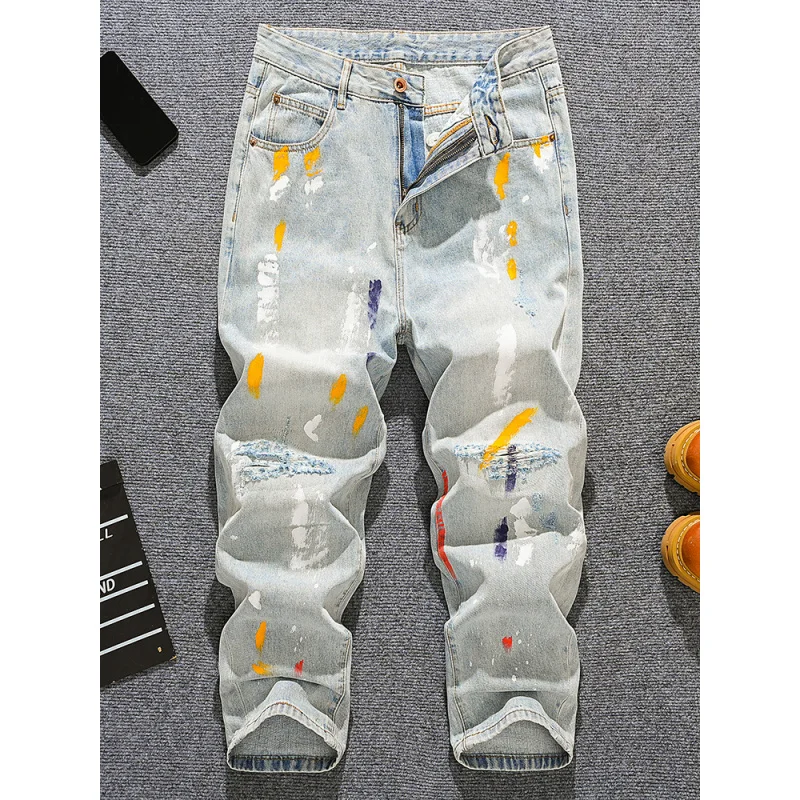 メンズ春夏ルーズストレートジーンズ、インクドットペイントプリント、ダメージ加工パッチ付き、ワイドレッグパンツ