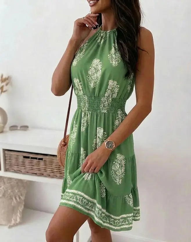 

Women's Dress 2026 Summer Fashionable Bohemian Style Geometric Print Elegant Sexy Backless Hanging Neck Dress Suitable for Beach