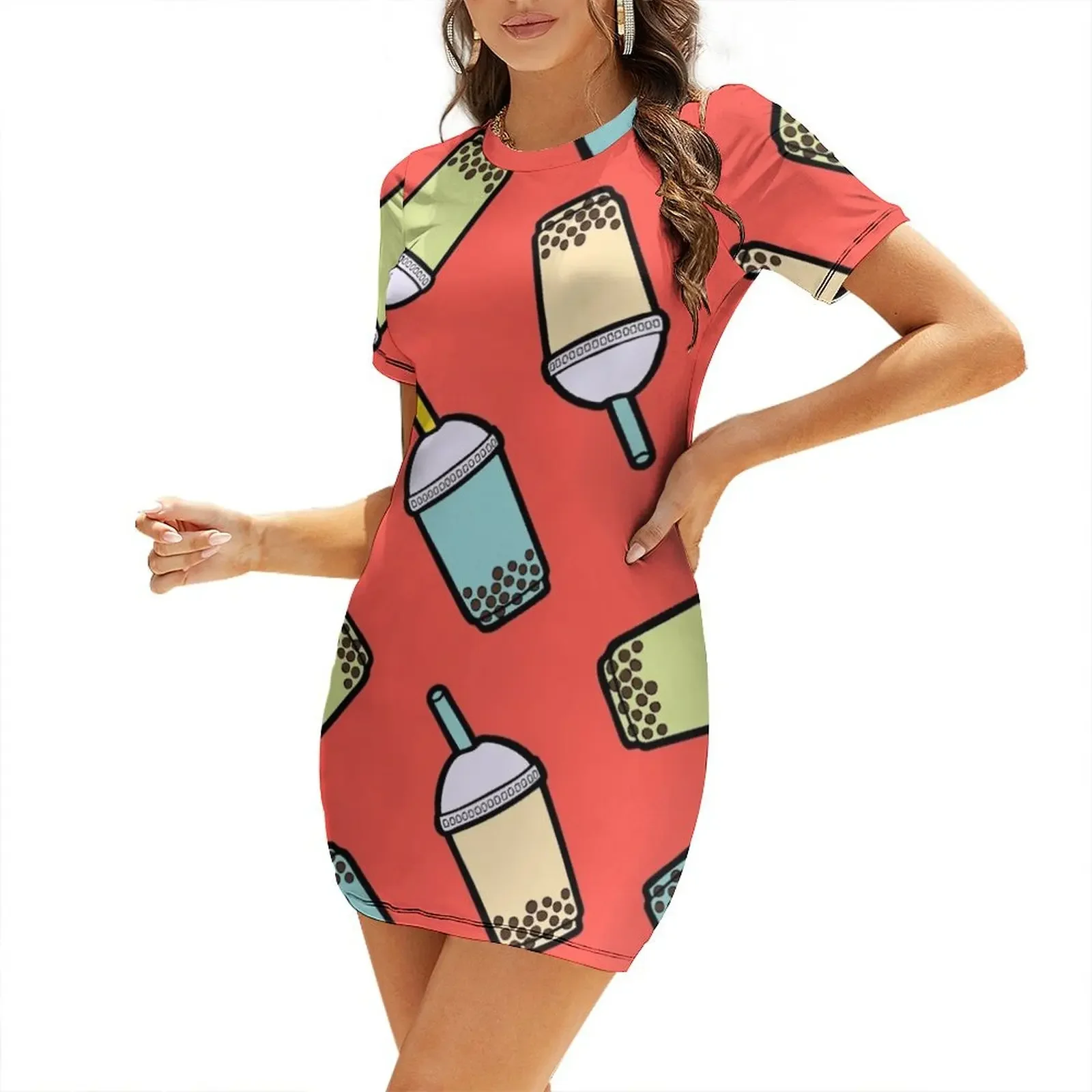 

Bubble Tea Pattern in Red Short-Sleeved Dress Women's summer dresses dresses for women