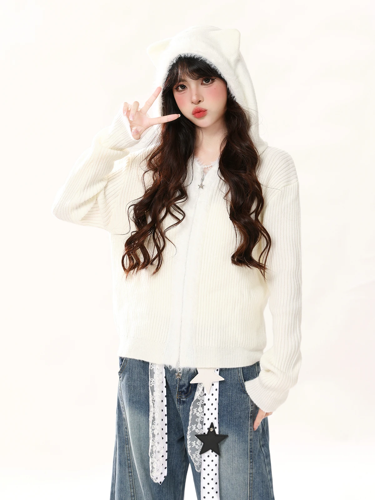 

ENJOG Bear Ear Hooded Open Cardigan Sweater Women's Autumn Vintage Plu Splicing Knitted Jaet Small Size