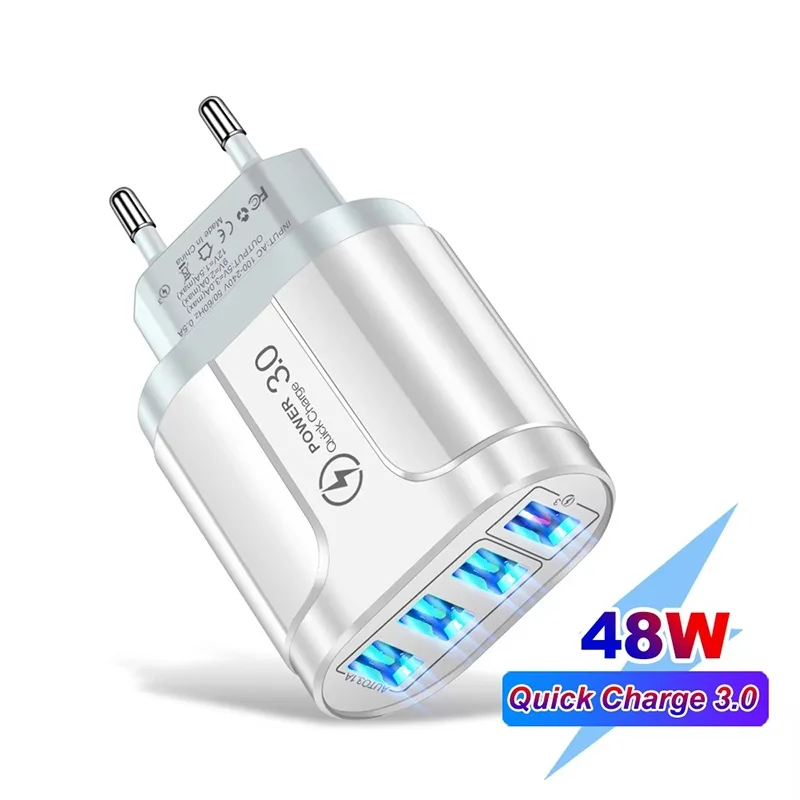 Portable 48W USB Charger Fast Charge QC 3.0 Wall Charging 4 Ports EU US Plug Adapter Travel For iPhone OnePlus OPPO Vivo Realme