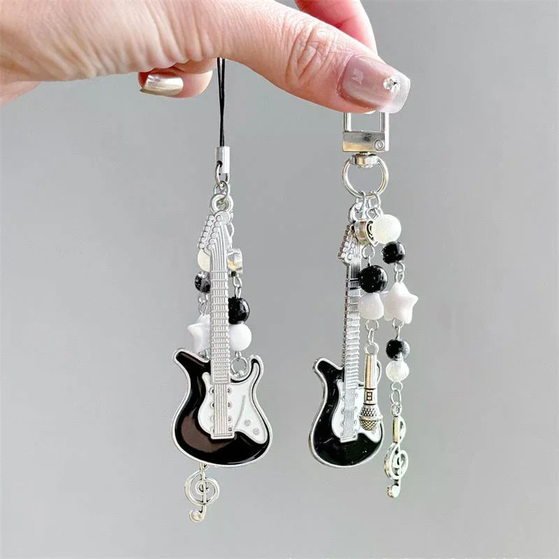 

Sweet Musical Instrument Bead Phone Chain; Adorable Miniature Guitar Microphone Pendant; Lovely Girl's Keychain Gift