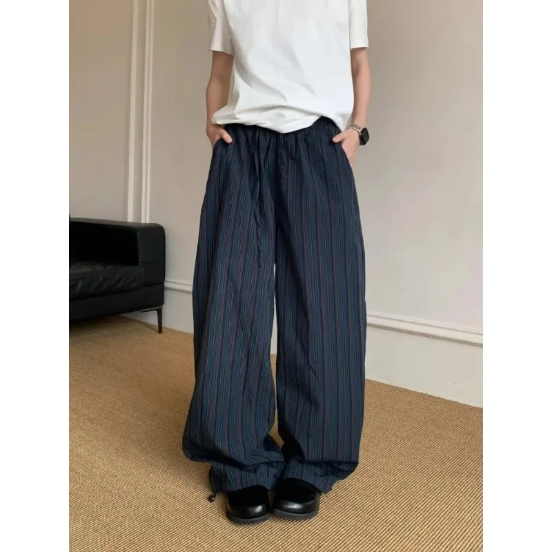 الأمريكية الرجعية كسول Sle بنطال ذو قصة أرجل واسعة الرجال النساء فضفاضة تصميم غير رسمي تحسس الرياضة السراويل الطويلة شفرة القرد خطوط عمودية #2