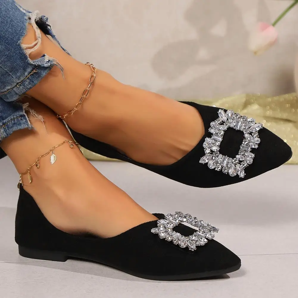 Non-slip Rubber Sole Shoes Women's Pointed Toe Ballet Flats with Rhinestone Detail Non-slip Sole Slip-on Dress Shoes for Work