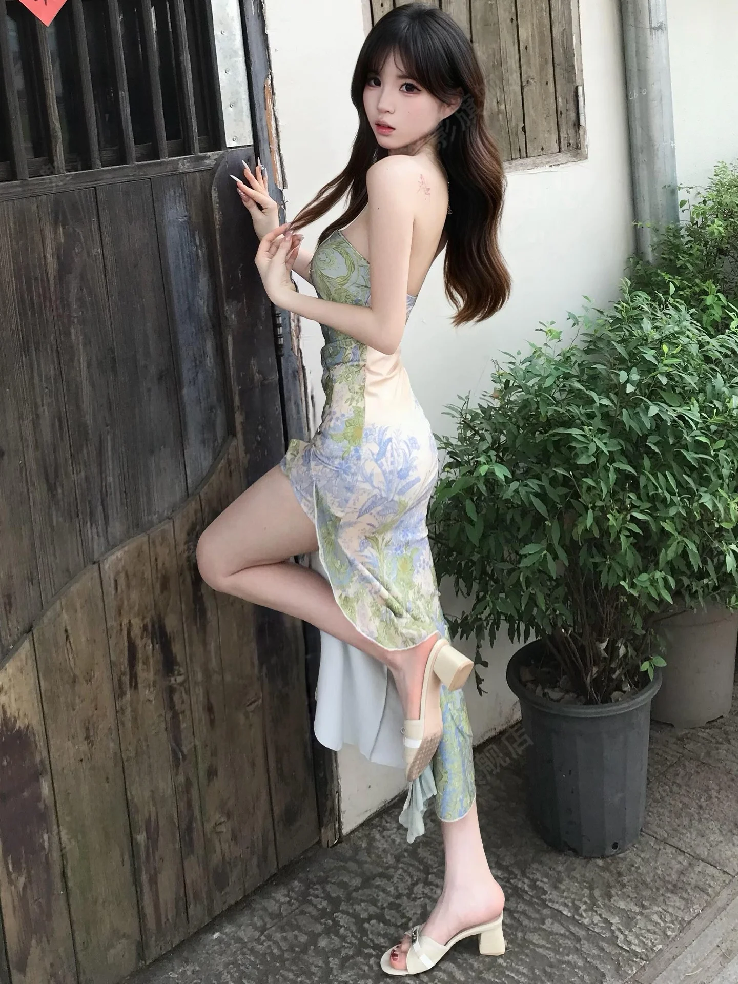 

Green Gradient Print Midi Dress Slimming Side Slit Floral Embellished High Waist A-Line Skirt Casual Elegant Women's Dress