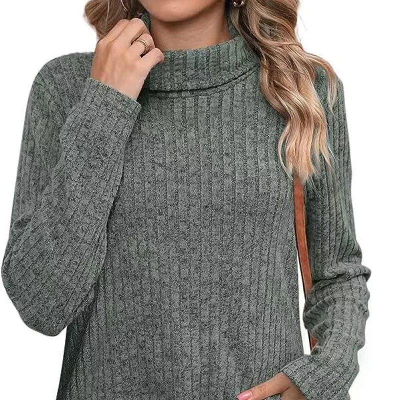 

Autumn and Winter Women's Pullover High Neck Long Sleeve Solid Stripe Asymmetric Loose Fashion Casual Mid Length T-shirt Tops