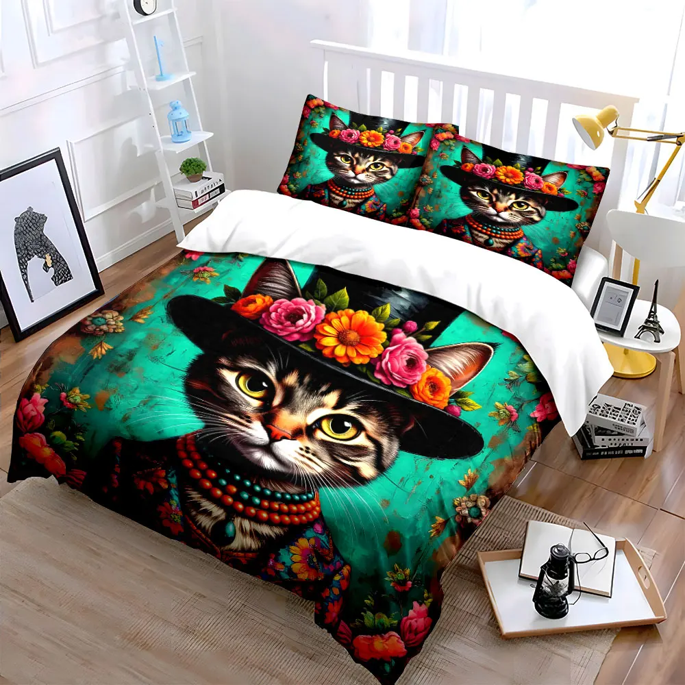 Cat in floral suit and hat Print Soft Comfortable Duvet Cover Bedding Set Included 1*Duvet Cover 2*Pillowcases Luxury gifts