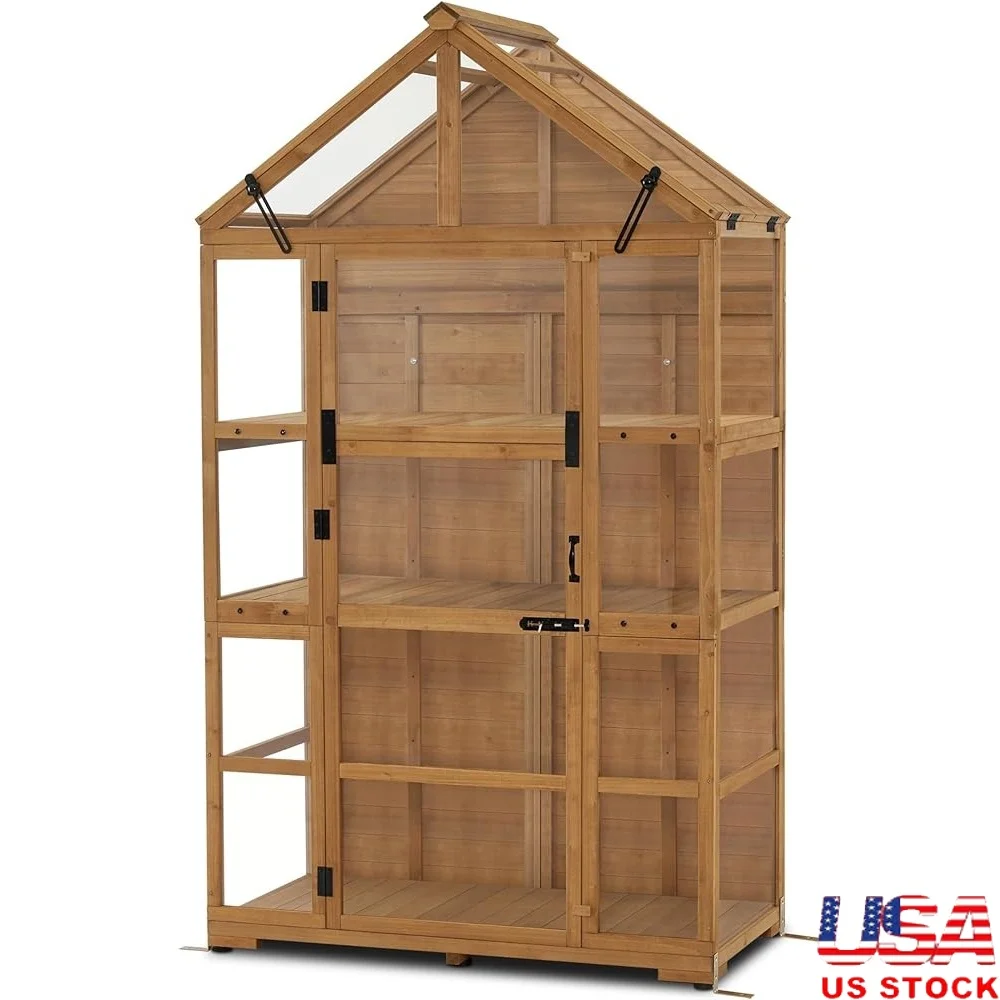 

Wooden Greenhouse with Openable Roof Vent Adjustable Shelves Outdoor Gardening 2-Tier Storage Fir Wood Eco-Friendly Acrylic