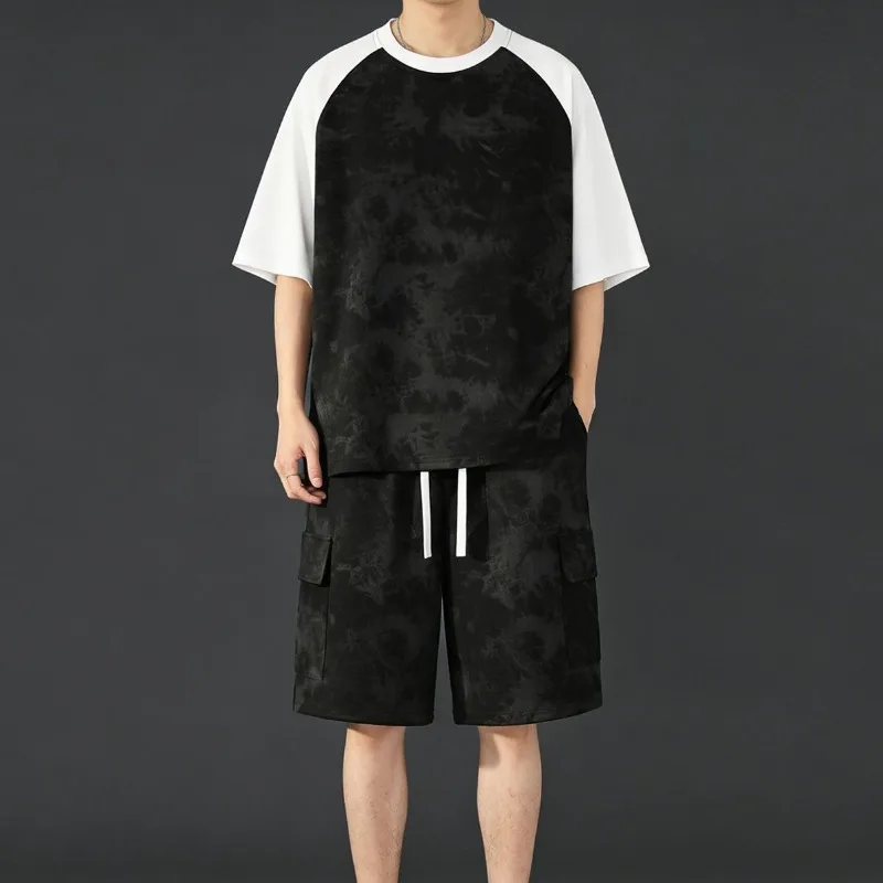 

Men's Summer Color Block Raglan Sleeve T-Shirt and Shorts Set Casual Sports Two Piece Outfit Breathable Cotton Blend Fabric