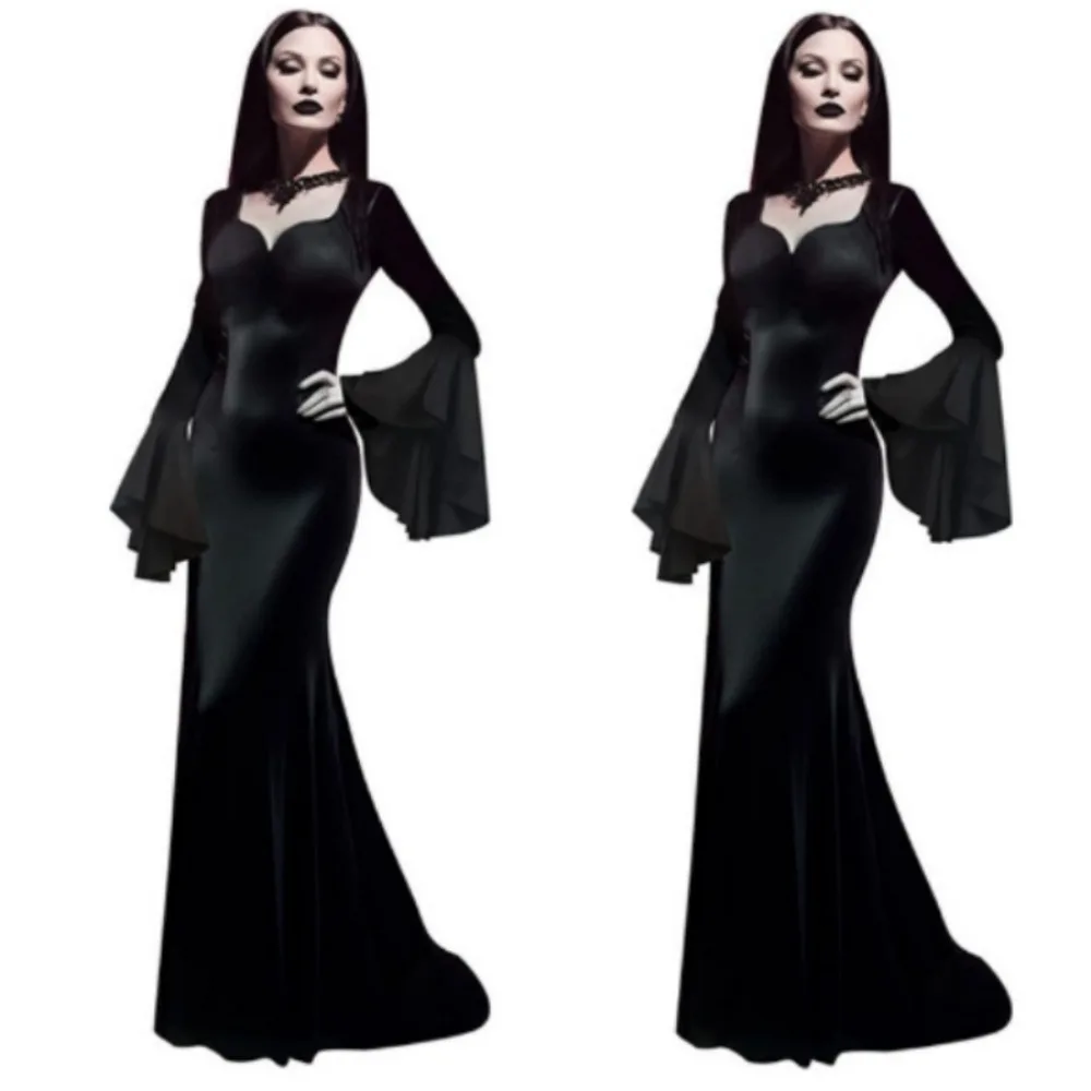 Halloween 2024 New Morticia Adams Ling Long Temperament Fashion Retro Black Adams Family Dress Retro Gothic Long Dress Dress