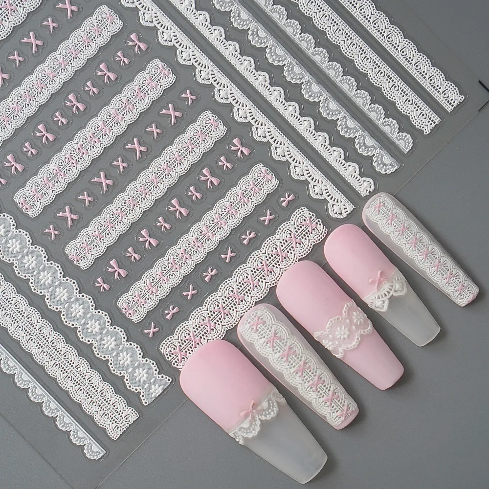 สติ๊กเกอร์ติดเล็บลายหัวใจลูกไม้สีดำโบว์สีชมพูหวาน 5D สติ๊กเกอร์ติดเล็บแบบมีกาวในตัว สำหรับตกแต่งเล็บ ขายส่ง