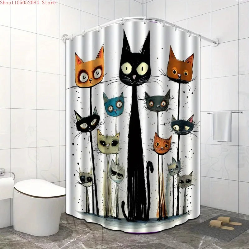a cute shower curtain featuring a kitten design complete-   With Hooks Waterproof Mildew Proof Easy Install Washable