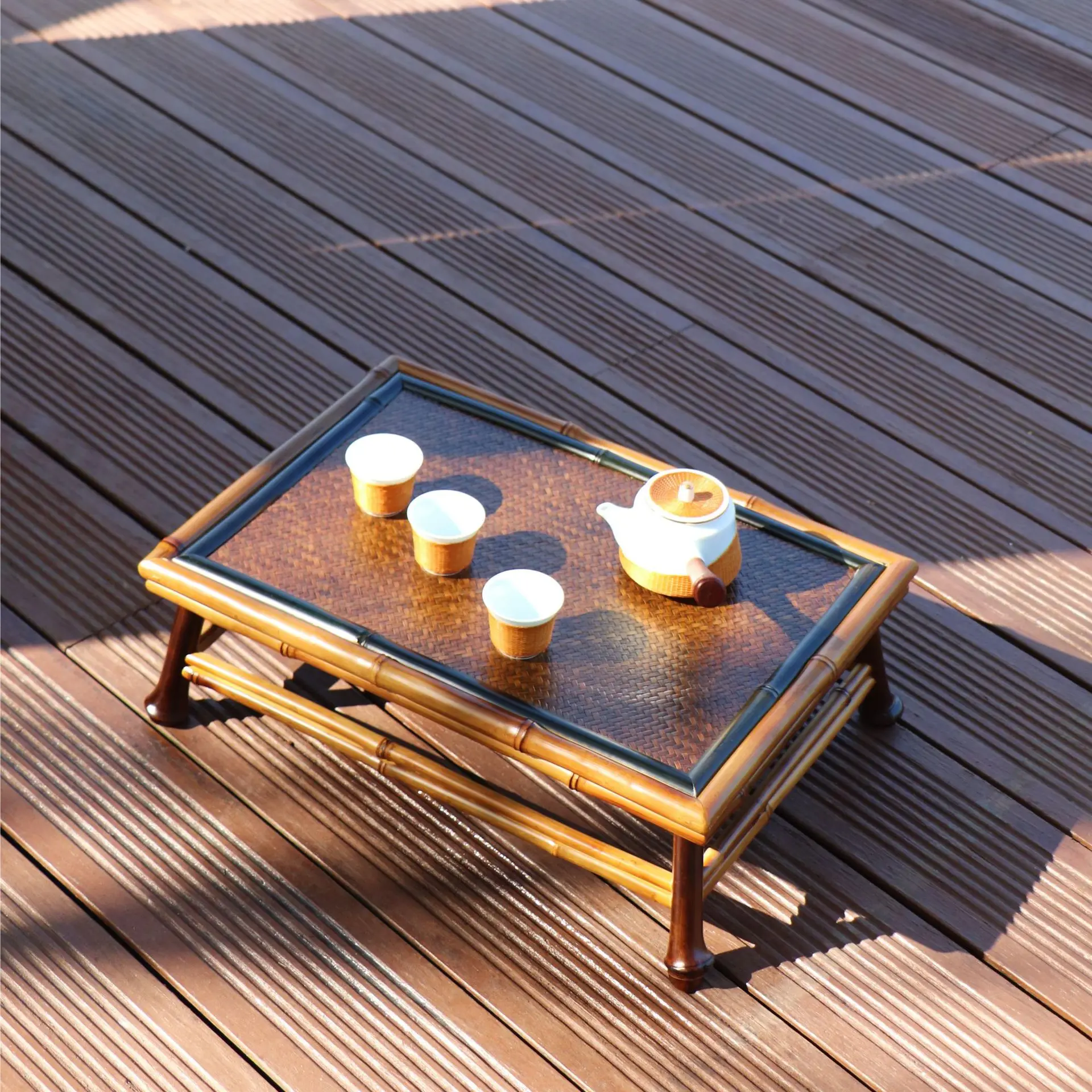 Vintage Bamboo Low Tea Table, Woven Rattan Tabletop Dry Brew Tea Tray for Tatami Bay Window
